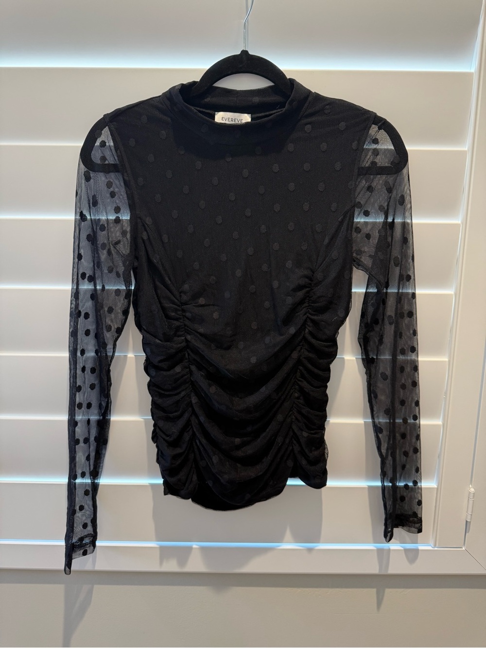 Evereve Black Polka Dot Sheer Sleeve Ruched Mock Neck Top